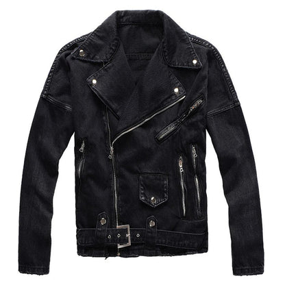 Men's Zippers Black Biker Jean Jacket Streetwear Thick Denim Slim Coat with Belt High Quality