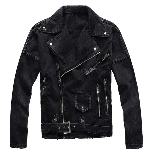 Men's Zippers Black Biker Jean Jacket Streetwear Thick Denim Slim Coat with Belt High Quality