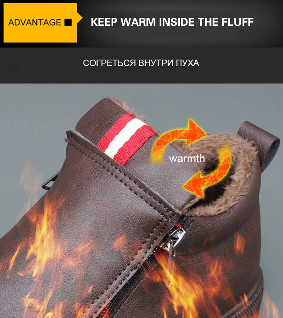New Winter Men's Boots Soft Leather Plush Warm Snow Boots Waterproof Outdoor Footwear Men Work Boots Men Motorcycle Boots