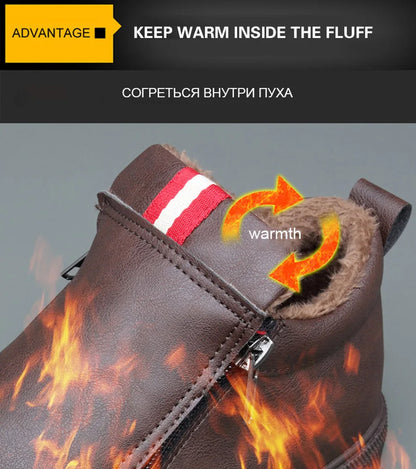 New Winter Men's Boots Soft Leather Plush Warm Snow Boots Waterproof Outdoor Footwear Men Work Boots Men Motorcycle Boots