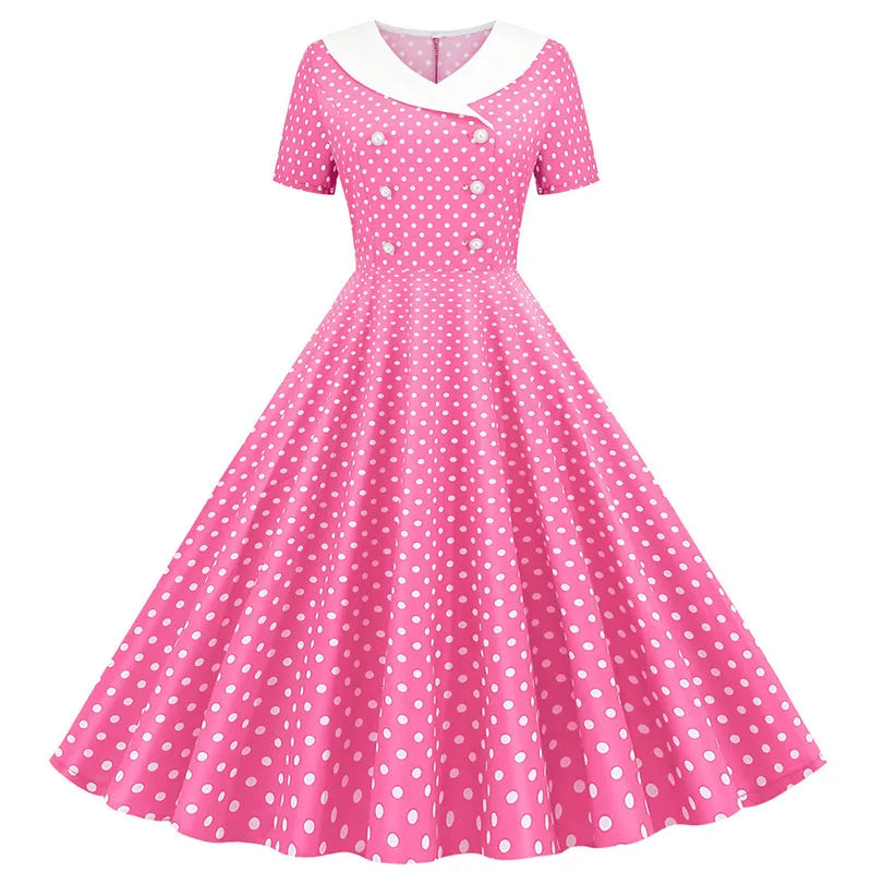 Summer Midi Dress Women Elegant Pink Vintage Party Sundress Casual Peter pan Collar Short Sleeve Dress