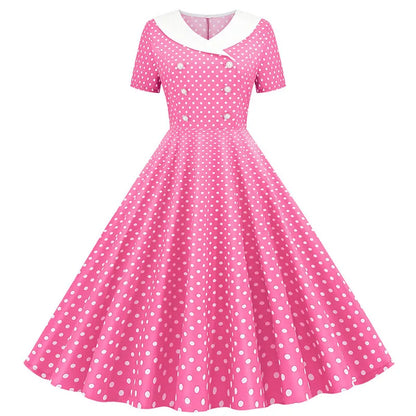 Summer Midi Dress Women Elegant Pink Vintage Party Sundress Casual Peter pan Collar Short Sleeve Dress