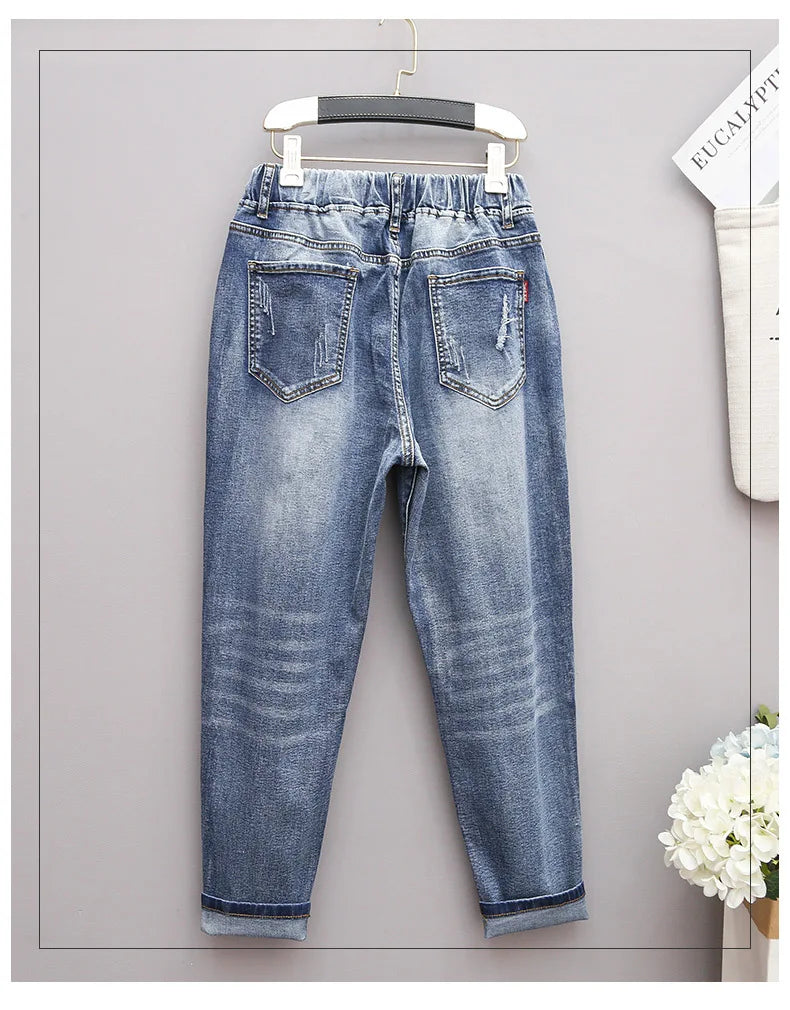 Large Size Baggy Jeans Woman High Waist Loose Harem Pants Elastic Cotton Denim Pants Women Denim Jeans Mom Ripped Jeans