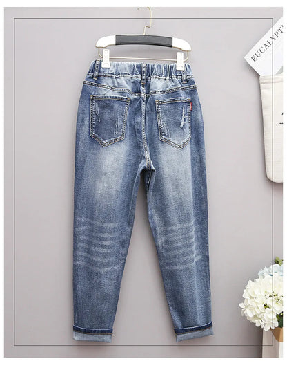 Large Size Baggy Jeans Woman High Waist Loose Harem Pants Elastic Cotton Denim Pants Women Denim Jeans Mom Ripped Jeans