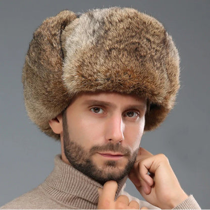 Thick Warm Trapper Hat Men Real Rabbit Fur Earflap Russian Cap Male Plus Size Winter Hats for Men Ski Russian Hat