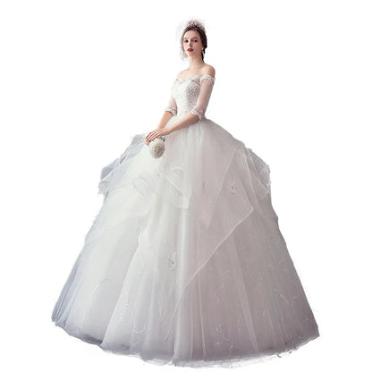 2021 New Gryffon Half Sleeve Boat Neck Wedding Ball Gown Luxury Lace Sequins Wedding Dresse Robe De Mariee