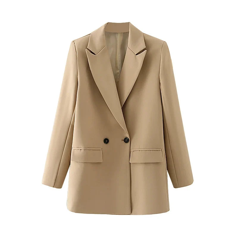 Women Chic Office Lady Double Breasted Blazer Vintage Coat Fashion Notched Collar Long Sleeve Ladies Outerwear Stylish Tops