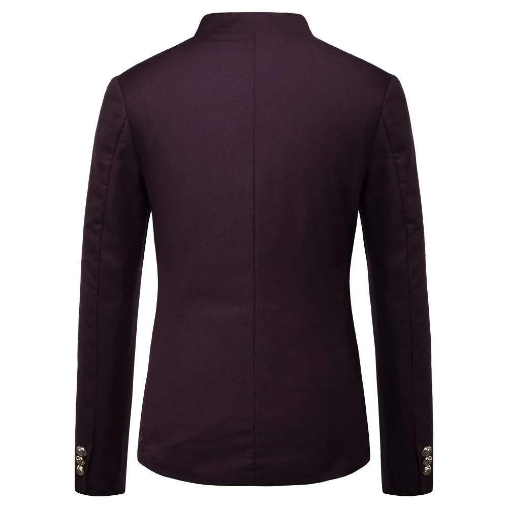 Men's Black Stand Up Collar Blazer Coat, Wedding Party Dress Jacket, Asia Sizes Slim-Fit Single Breasted Jaqueta, Blue Red Tops.