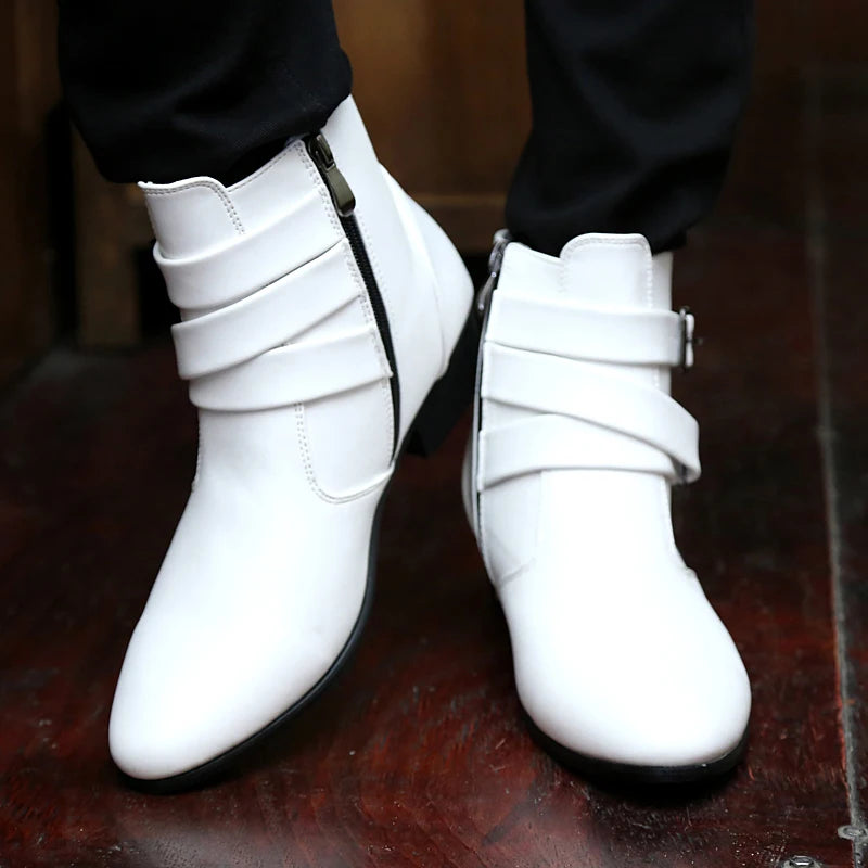 Fashion Men Spring Autumn Pointed Toe Height Increase Chelsea Ankle Boots Western High Top Casual Shoe PU Leather