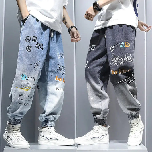 Printing Jeans Men's Gradient Hip Hop Trousers Harem Cartoon Loose Casual Ankle Banded Pants Cargo Denim Jeans Fashion