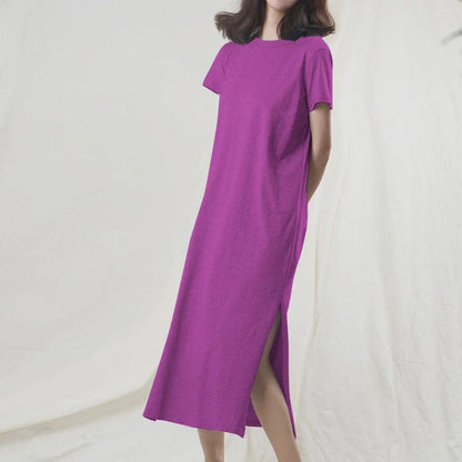 Original Casual 94% Cotton Summer Women's Dresses Solid Short Sleeve Spilt Long Midi Dress Fashion Sundress Female Clothing