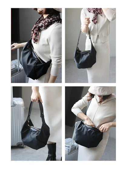 Lightweight Nylon Matching Genuine Leather Crossbody Bag High Quality Single Shoulder Bags Fashion Pleated Messenger Purses