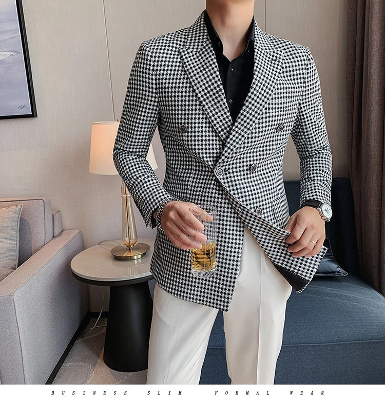 British Style Slim Fit Houndstooth Blazer For Men 2023 Fashion Double Breasted Business Office Wedding Dress Suit Jacket