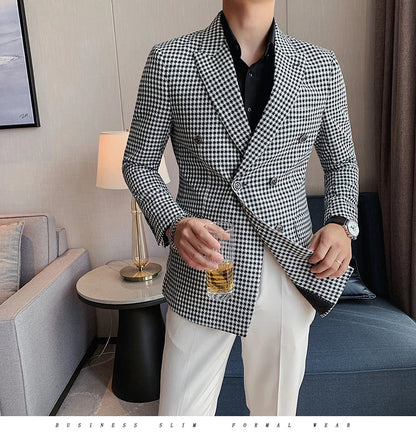 British Style Slim Fit Houndstooth Blazer For Men 2023 Fashion Double Breasted Business Office Wedding Dress Suit Jacket