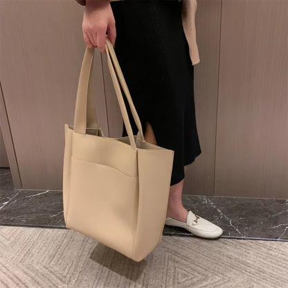 High Quality Soft Leather Woman Casual Tote Shopper Solid Color Handbags Large Capacity Single Shoulder Bag with Outer Pocket