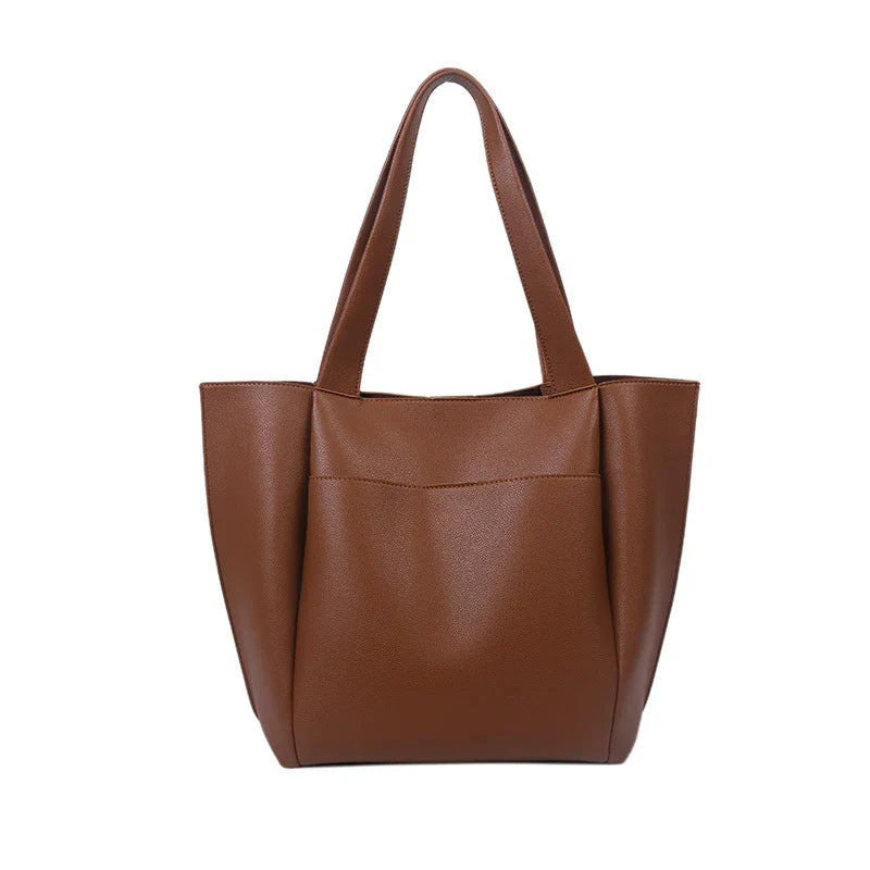 High Quality Soft Leather Woman Casual Tote Shopper Solid Color Handbags Large Capacity Single Shoulder Bag with Outer Pocket