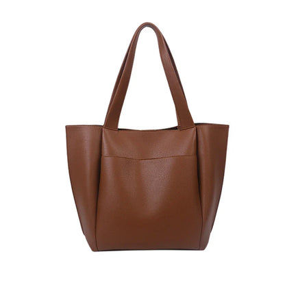 High Quality Soft Leather Woman Casual Tote Shopper Solid Color Handbags Large Capacity Single Shoulder Bag with Outer Pocket