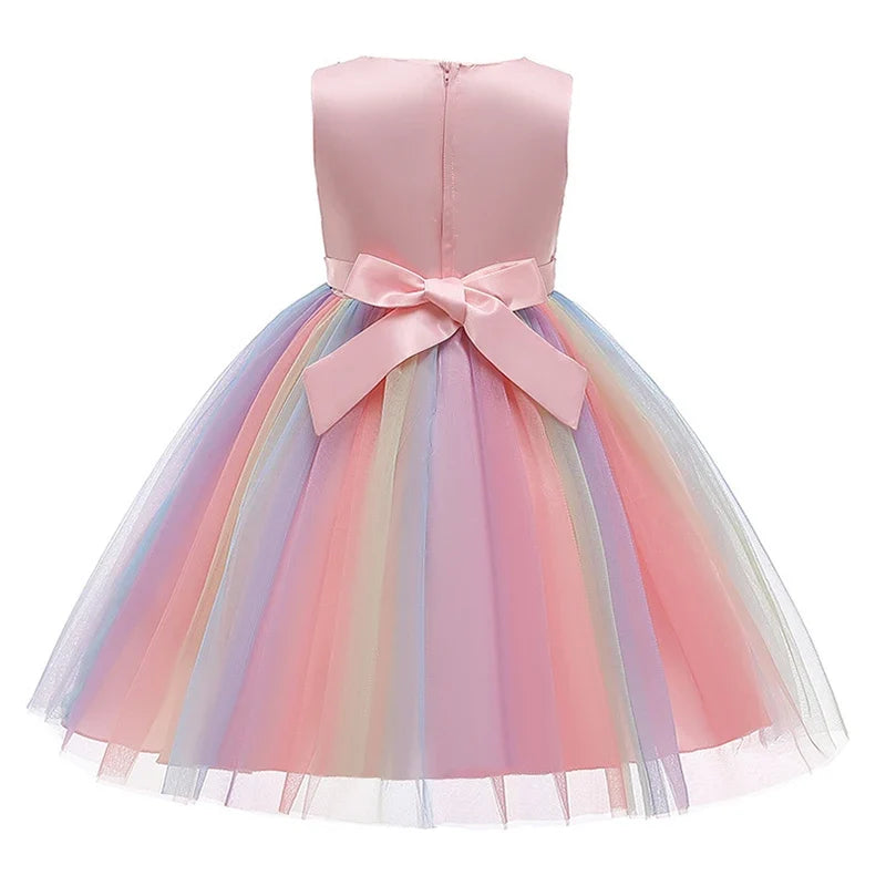 2026 Sequins Girls Dress Summer Flower Fashion Rainbow Mesh Little Princess Dresses For Piano Performance Costume Kids Clothes