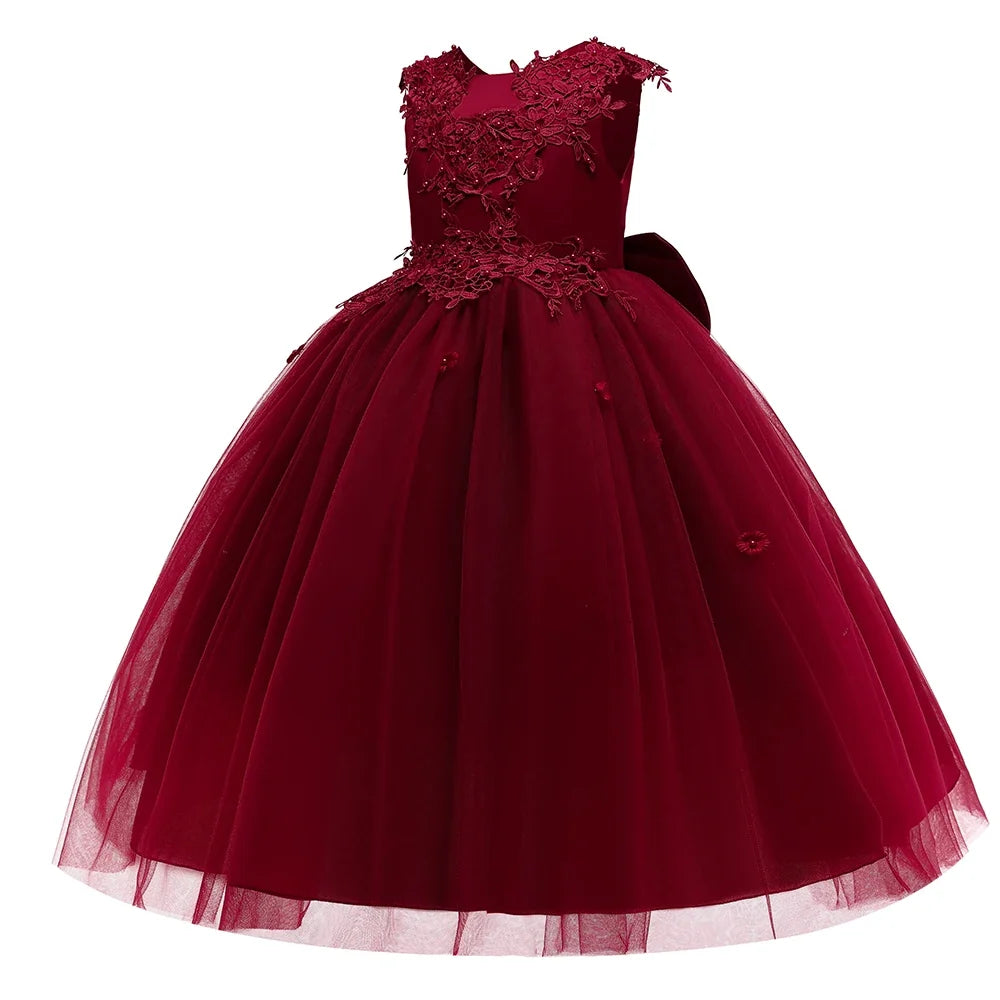 Formal Tulle Flower Bridesmaid Girls Dress Vestido White Wedding Princess Prom Kids Party Dresses For Girls Bow Birthday Costume
