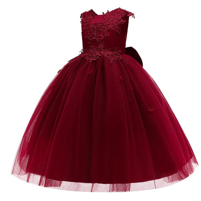 Formal Tulle Flower Bridesmaid Girls Dress Vestido White Wedding Princess Prom Kids Party Dresses For Girls Bow Birthday Costume