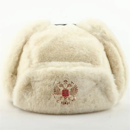 Soviet Badge Ushanka Men&Women Bomber Hats CCCP Army Pilot Trapper Trooper Hat Winter Faux Rabbit Fur Earflap Snow Caps
