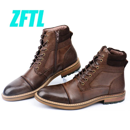 New Men Boots Winter boots genuine leather handmade big size brown man casual lace-up boots Non-slip warm boots 2025