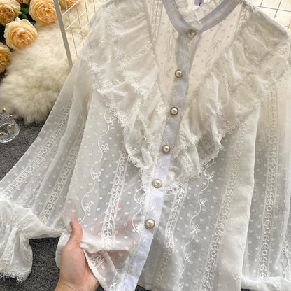 Elegant French Blouse Women Temperament Sweet Ruffles Loose Casual Tops Spring Long Sleeve Streetwear White Shirts