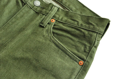 Men Jeans Vulcanization Olive Green 107 Selvedge Denim Jeans Men Washed Slim Fit 14 Oz Zipper Fly