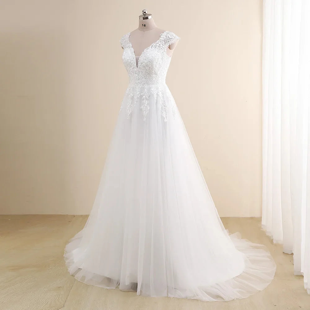 Amazing Wedding Dress Plus Size Customized V neck Cap Sleeve A Line Gowns Tulle Lace Applique Robe De Mariee Bridal Gown