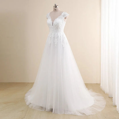 Amazing Wedding Dress Plus Size Customized V neck Cap Sleeve A Line Gowns Tulle Lace Applique Robe De Mariee Bridal Gown