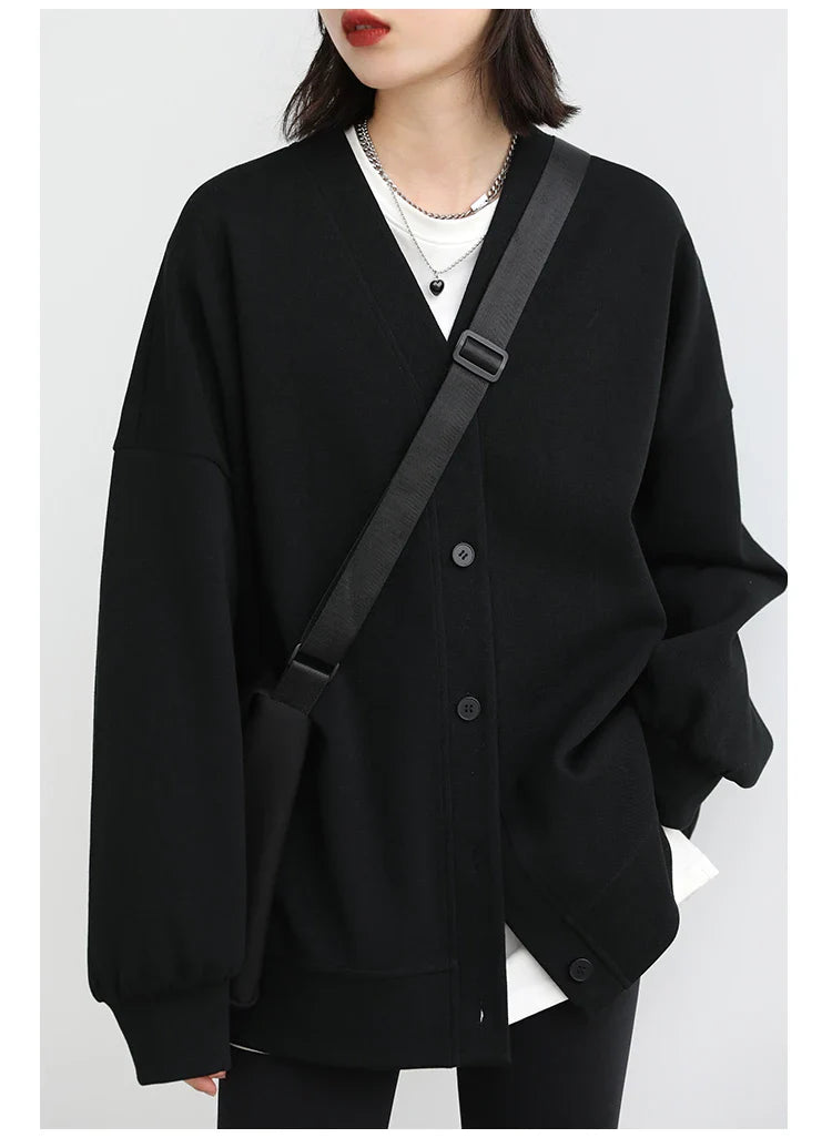 Korean Autumn Winter Women's Sports Coat Casual Loose V-neck Sweatshirt for Women Thick Warm Tops Office Lady Female