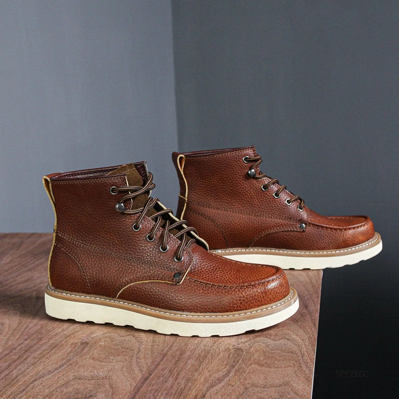 Handmade Men Boots Vintage Casual Autumn Winter Cow Leather Shoes British Ankle Boots Wings Motorcycle Boots Zapatos Hombre