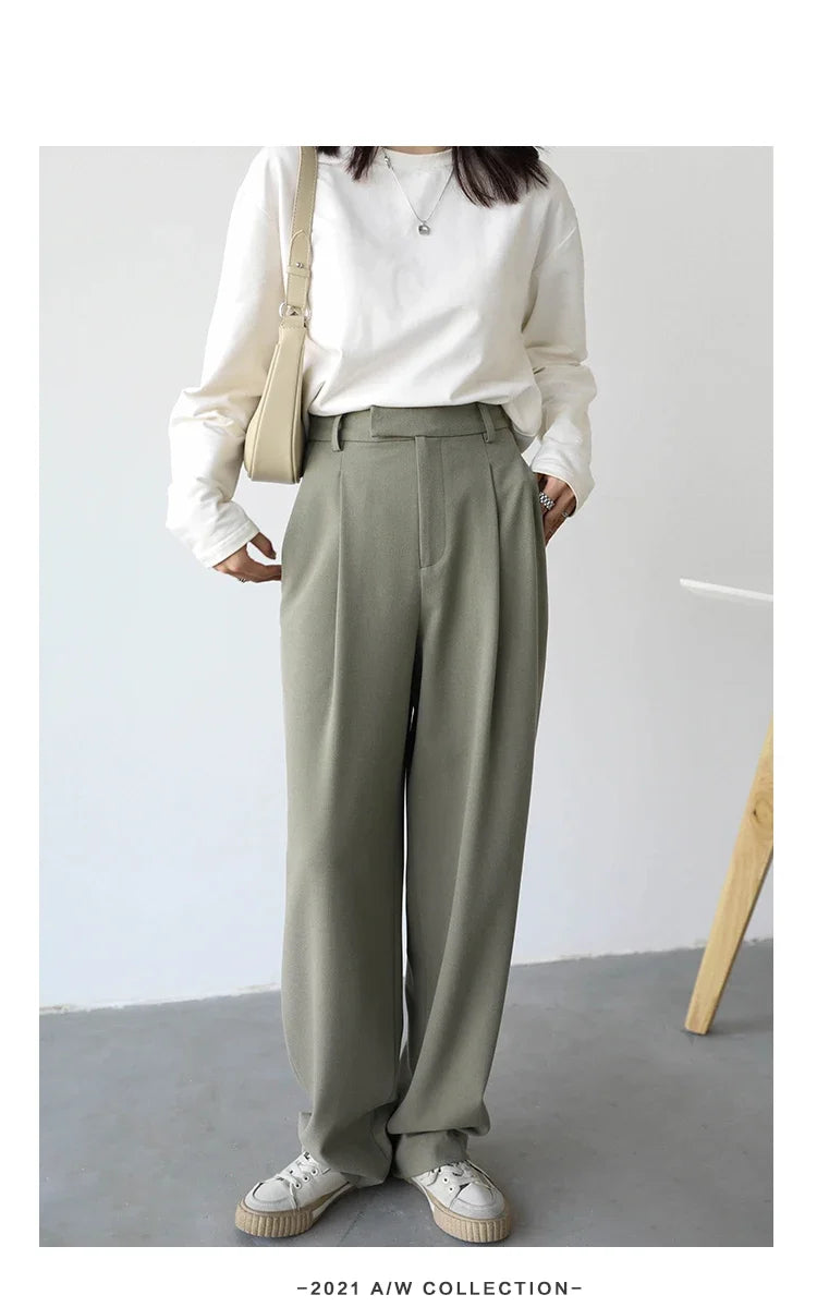 Simple Casual Women Twill Suit Pants Wide Leg Pants Straight Floor Pants Office Ladies Female Trousers