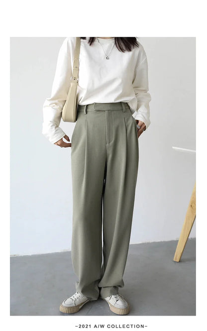 Simple Casual Women Twill Suit Pants Wide Leg Pants Straight Floor Pants Office Ladies Female Trousers