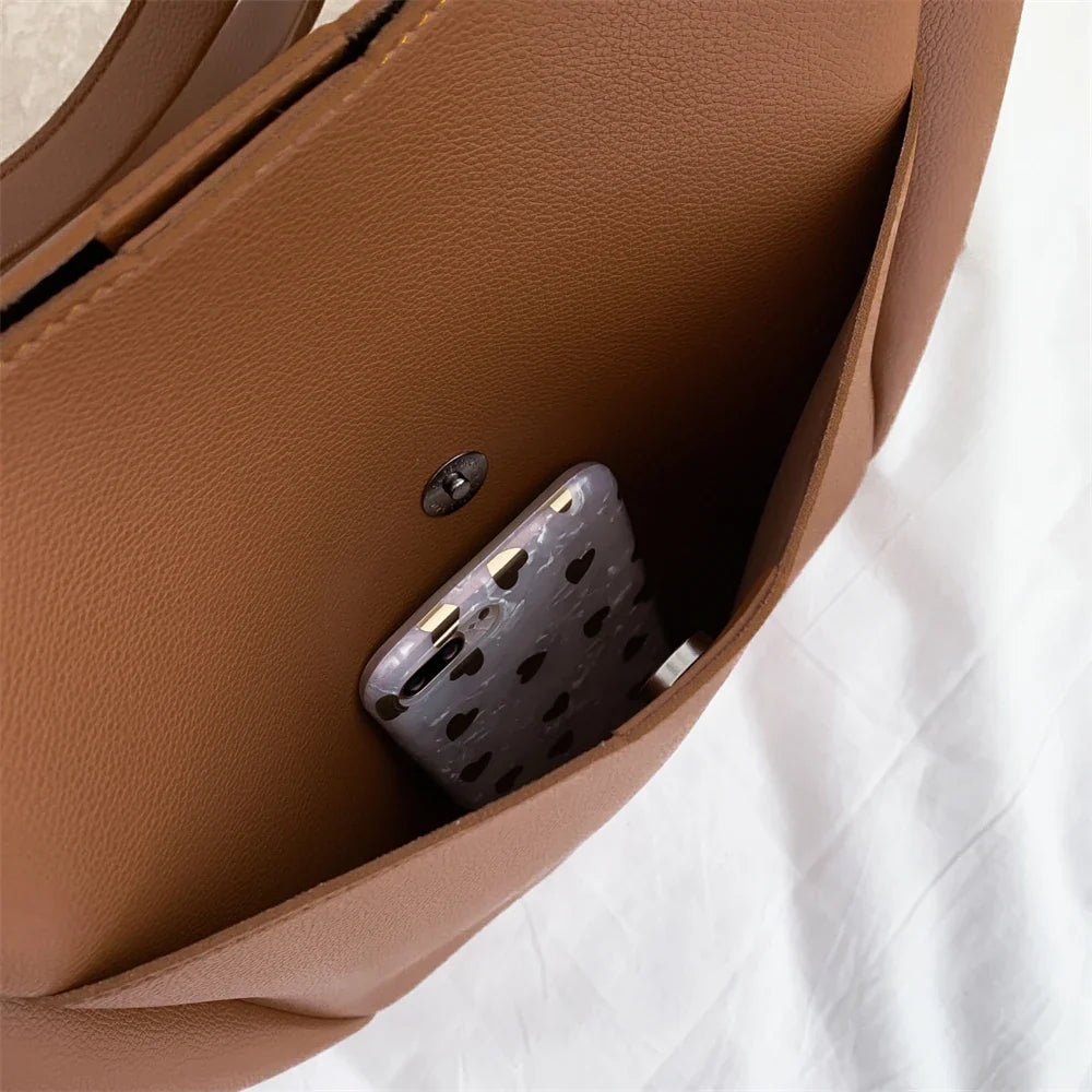 High Quality Soft Leather Woman Casual Tote Shopper Solid Color Handbags Large Capacity Single Shoulder Bag with Outer Pocket