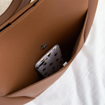 High Quality Soft Leather Woman Casual Tote Shopper Solid Color Handbags Large Capacity Single Shoulder Bag with Outer Pocket
