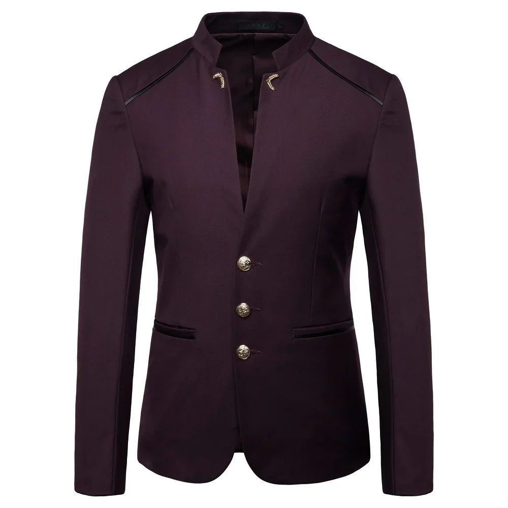 Men's Black Stand Up Collar Blazer Coat, Wedding Party Dress Jacket, Asia Sizes Slim-Fit Single Breasted Jaqueta, Blue Red Tops.