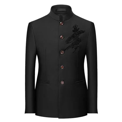 2026 New Men's Black Blazers Coat, Masculino Single Breasted Stand Up Collar Men Long-Sleeved Terno Jacket, Blue Red Overcoat