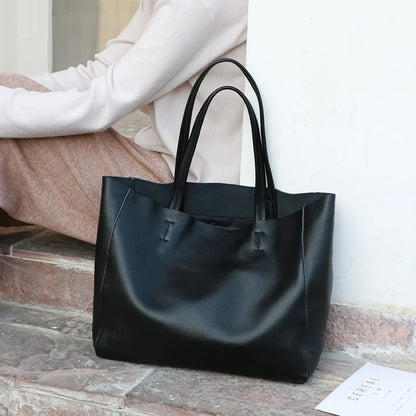 Genuine Leather Bag Women Casual Tote Female Luxury Simple Fashion Handbag Lady Cowhide Leather Daily Use Shoulder Shopping Bag