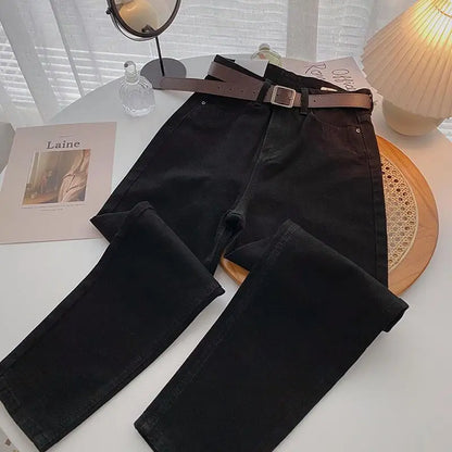 Straight Jeans Women with Belt Vintage Basic Blue Ankle-length Denim Pants Boyfriend Gray Jeans Korean 2021