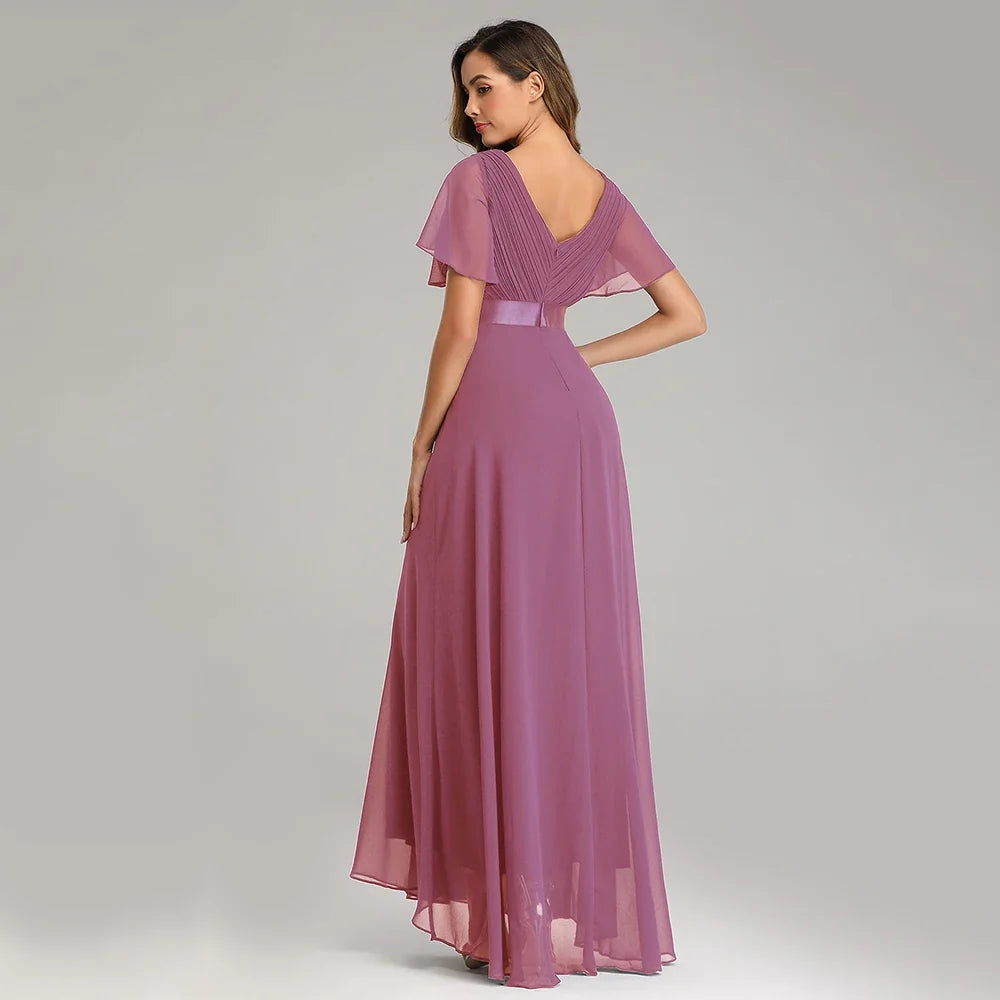 Evening Dresses Elegant V-Neck Ruffles Chiffon Formal Evening Gown  Robe Vestidos De Fiesta Dress for Wedding Party