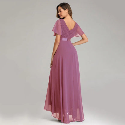 Evening Dresses Elegant V-Neck Ruffles Chiffon Formal Evening Gown  Robe Vestidos De Fiesta Dress for Wedding Party