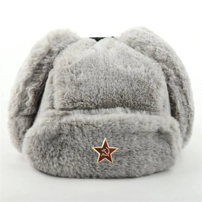 Soviet Badge Ushanka Men&Women Bomber Hats CCCP Army Pilot Trapper Trooper Hat Winter Faux Rabbit Fur Earflap Snow Caps