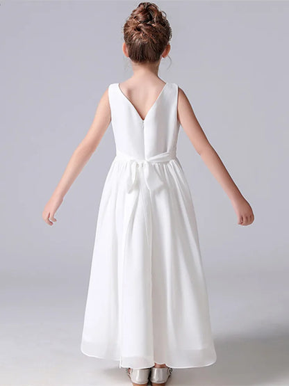 V Neck Sleeveless Girl Long Chiffon Maxi Dress Back Bow Kids Formal Gown Wedding Flower Girl Piano Recital Evening Party Costume