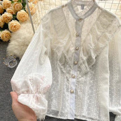 Elegant French Blouse Women Temperament Sweet Ruffles Loose Casual Tops Spring Long Sleeve Streetwear White Shirts