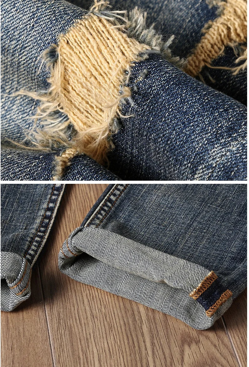 Indian Avatar Embroidered Jeans Men Scratch Long Cracks High Street Pants Soft Red Ears Blue Grey Slim 2020 Western Style