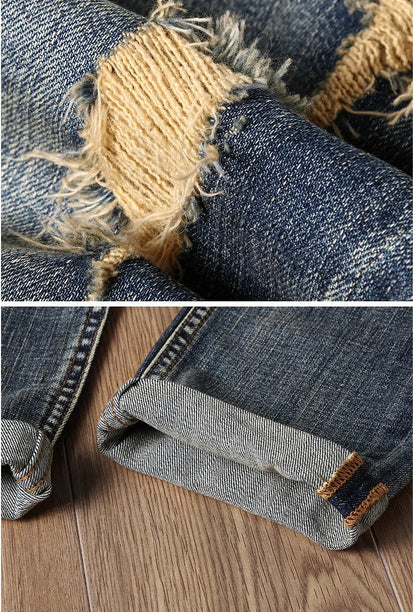Indian Avatar Embroidered Jeans Men Scratch Long Cracks High Street Pants Soft Red Ears Blue Grey Slim 2020 Western Style