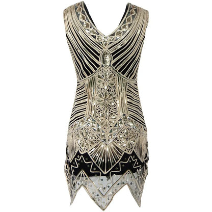 1920s Women's Sequin Triangle Hem Dress Sleeveless Gold Thread Embroidery Tassel Gatsby Party Dress