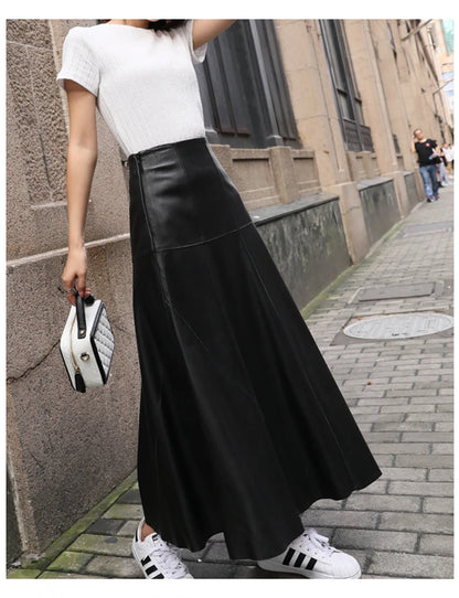 Maxi Skirt Winter Women Splendid Genuine Leather Flared Gonne Female Umbrella Large Swing Jupe Mujer 80 Long Ankle Falda Largas