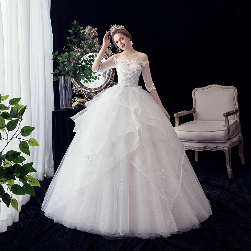 2021 New Gryffon Half Sleeve Boat Neck Wedding Ball Gown Luxury Lace Sequins Wedding Dresse Robe De Mariee